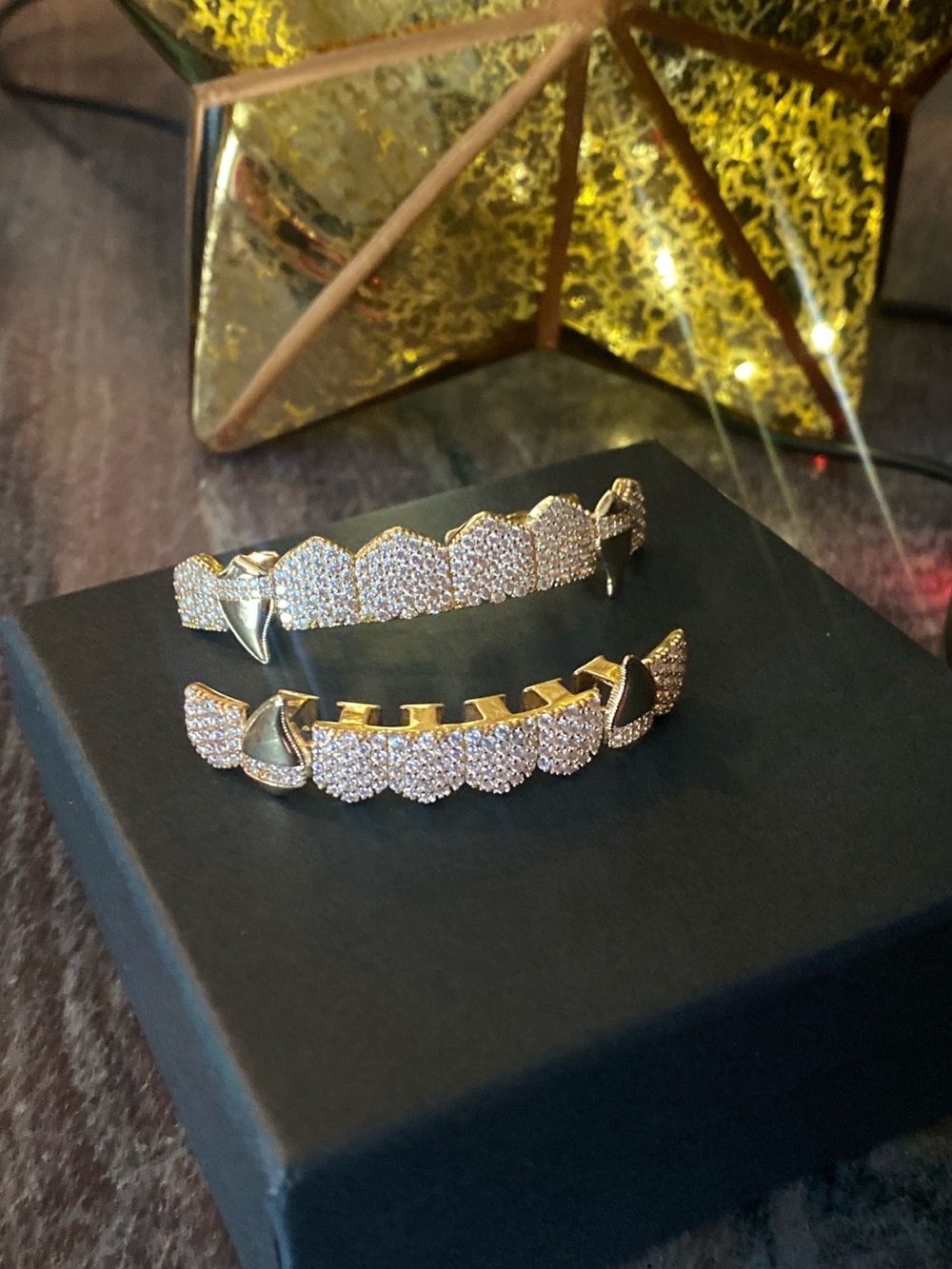 ICED OUT PAVE ENCRUSTED FANG GRILL YELLOW GOLD GP SET NEW BOX !!